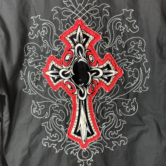 Attitude Studded Button Down Shirt Mens Sz Lg Y2K Black Cross Embroidered Punk - Picture 3 of 9